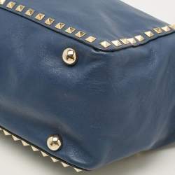 Pre Owned Valentino Rockstud Trapeze Medium Navy Blue Leather Tote