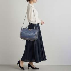 Pre Owned Valentino Rockstud Trapeze Medium Navy Blue Leather Tote