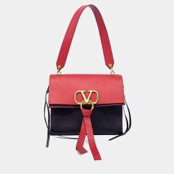 Pre Owned Valentino Black Red Leather V-ring shoulder bag