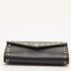 Pre Owned Valentino Rockstud Black Leather Envelope Flap Chain Clutch