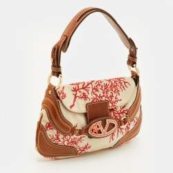 مملوكة مسبقًا Valentino Escape V logo Beige/Brown Canvas and Leather Flap Hobo