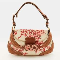 Pre Owned Valentino Escape V logo Beige/Brown Canvas and Leather Flap Hobo