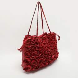 Pre Owned Valentino Floral Applique Red Leather Drawstring Tote