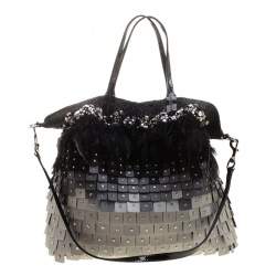 Pre Owned Valentino Tri Color Fabric Crystal Embellished and Feather Tote