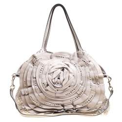 Pre Owned Valentino Grey Leather XL Petale Rose Studded Tote