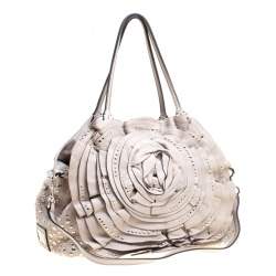 Pre Owned Valentino Grey Leather XL Petale Rose Studded Tote