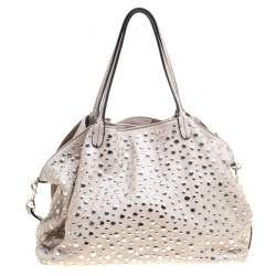 Pre Owned Valentino Grey Leather XL Petale Rose Studded Tote