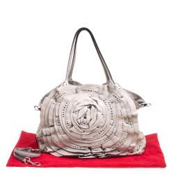Pre Owned Valentino Grey Leather XL Petale Rose Studded Tote