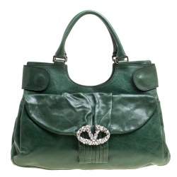 Pre Owned Valentino Green Leather Crystal Catch Shoulder Bag
