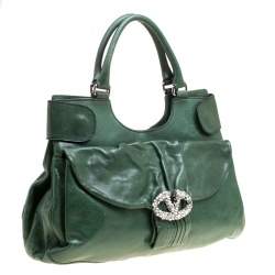 Pre Owned Valentino Green Leather Crystal Catch Shoulder Bag