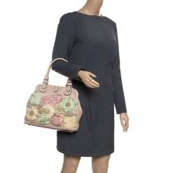 Pre Owned Valentino Beige/Multicolor Leather Floral Applique Frame Satchel