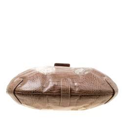 Valentino Beige Croc Embossed Leather and Python Print Canvas Hobo