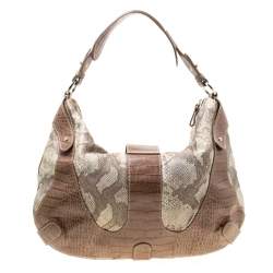 Valentino Beige Croc Embossed Leather and Python Print Canvas Hobo
