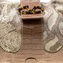 Valentino Beige Croc Embossed Leather and Python Print Canvas Hobo