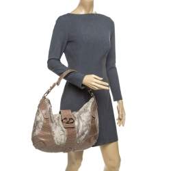 Valentino Beige Croc Embossed Leather and Python Print Canvas Hobo