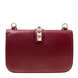 Pre Owned Valentino Burgundy Leather Rockstud Medium Glam Lock Flap Bag