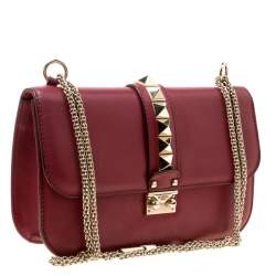 Pre Owned Valentino Burgundy Leather Rockstud Medium Glam Lock Flap Bag