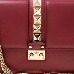 Pre Owned Valentino Burgundy Leather Rockstud Medium Glam Lock Flap Bag