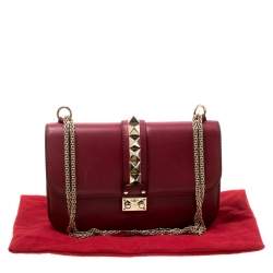 Pre Owned Valentino Burgundy Leather Rockstud Medium Glam Lock Flap Bag