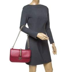 Pre Owned Valentino Burgundy Leather Rockstud Medium Glam Lock Flap Bag