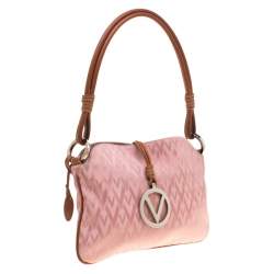 Pre Owned Valentino Pink/Brown Fabric and Leather Logo Charm Shoulder Bag