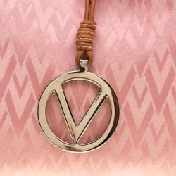 Pre Owned Valentino Pink/Brown Fabric and Leather Logo Charm Shoulder Bag
