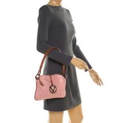 Pre Owned Valentino Pink/Brown Fabric and Leather Logo Charm Shoulder Bag