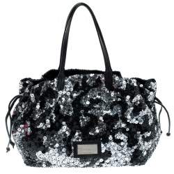Pre Owned Valentino Black Sequins and Leather Glam Tote
