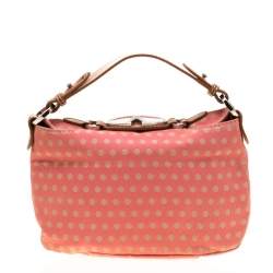 Valentino Coral/Brown Polka Dots Canvas and Leather Flower Embellished Tote