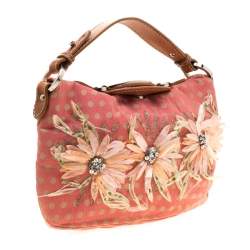 Valentino Coral/Brown Polka Dots Canvas and Leather Flower Embellished Tote