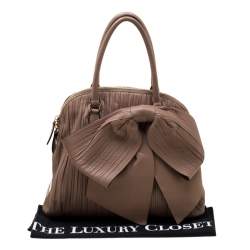 Pre Owned Valentino Dark Beige Pleated Leather Bow Dome Satchel