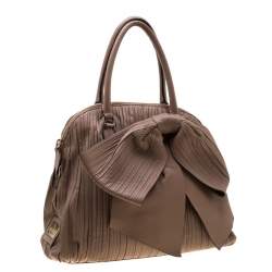 Pre Owned Valentino Dark Beige Pleated Leather Bow Dome Satchel