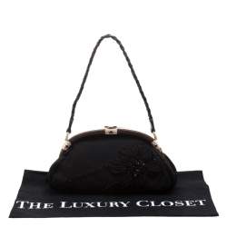 Pre Owned Valentino Black Beaded Embellished Satin Crystal Wood Frame Bag
