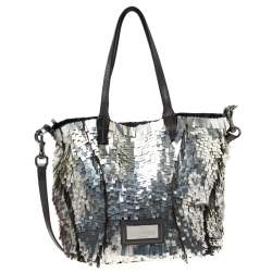 Pre Owned Valentino Black/Silver Crystal Embellished Satin and Leather Tote