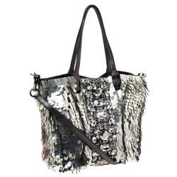 Pre Owned Valentino Black/Silver Crystal Embellished Satin and Leather Tote