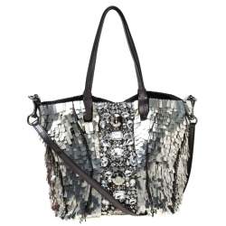 Pre Owned Valentino Black/Silver Crystal Embellished Satin and Leather Tote