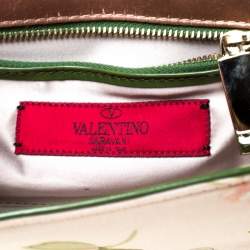 Pre Owned Valentino Green/Beige Floral Print Fabric Studded Bow Wristlet Clutch