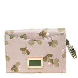 Pre Owned Valentino Green/Beige Floral Print Fabric Studded Bow Wristlet Clutch