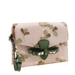 Pre Owned Valentino Green/Beige Floral Print Fabric Studded Bow Wristlet Clutch