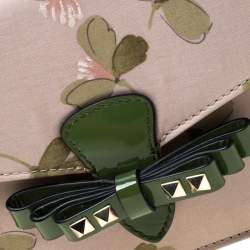 Pre Owned Valentino Green/Beige Floral Print Fabric Studded Bow Wristlet Clutch