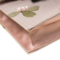 Pre Owned Valentino Green/Beige Floral Print Fabric Studded Bow Wristlet Clutch