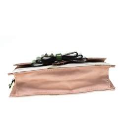 Pre Owned Valentino Green/Beige Floral Print Fabric Studded Bow Wristlet Clutch