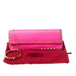 Pre Owned Valentino Neon Pink Leather Rockstud Bracelet Clutch