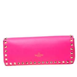 Pre Owned Valentino Neon Pink Leather Rockstud Bracelet Clutch