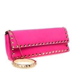 Pre Owned Valentino Neon Pink Leather Rockstud Bracelet Clutch