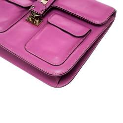 Pre Owned Valentino Fuschia Leather Rockstud Large Glam Lock Top Handle Bag