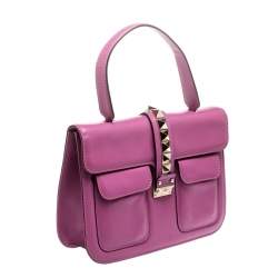 Pre Owned Valentino Fuschia Leather Rockstud Large Glam Lock Top Handle Bag
