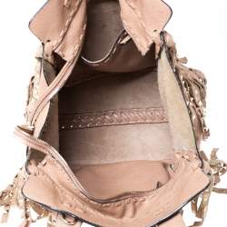 Pre Owned Valentino Beige Leather Rockstud Fringed Tote