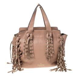 Pre Owned Valentino Beige Leather Rockstud Fringed Tote