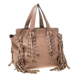 Pre Owned Valentino Beige Leather Rockstud Fringed Tote